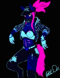  anthro bodypaint clothed clothing cosplay equid equine female glowing glowing_paint hat headgear headwear horse humanoid k/da mammal neon renata_(rockonvelzmor) rockonvelzmor simple_background solo 