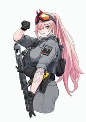  absurdres arm_tattoo assault_rifle black_gloves breasts ctsfo female girls&#039;_frontline gloves gun hair_ornament hairclip highres large_breasts long_hair looking_at_viewer metropolitan_police_service mole mole_under_eye open_mouth pink_hair police police_badge police_uniform ponytail red_eyes rifle sig_mcx sig_mcx_(girls&#039;_frontline) sig_sauer simple_background tactical_clothes tattoo uniform weapon yitiao_er-hua 