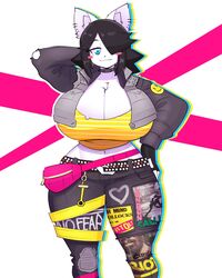  absurd_res anthro arm_by_side arms_bent big_breasts black_hair blue_eyes blush blush_stickers bottomwear breasts canid canine canis cleavage clothed clothing death_grips domestic_dog ear_piercing exmilitary fanny_pack female hair hair_over_eye heart heart_bottomwear heart_clothing heart_pants heart_print hi_res huge_breasts london_calling looking_at_viewer maggie_applebee mammal midriff one_eye_obstructed open_clothing open_topwear pants piercing print_bottomwear print_clothing print_pants raised_arm red_cheeks sex_pistols shirt short_hair short_tail simple_background smile solo standing straight_legs t-shirt text text_on_clothing the_clash theycallhimcake thick_thighs topwear video_games wide_hips 