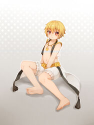  1boy :3 barefoot blonde_hair blush child_gilgamesh_(fate) commentary_request eyuzi_i fate/grand_order fate/hollow_ataraxia fate_(series) feet full_body gilgamesh_(fate) hair_between_eyes highres jewelry looking_at_viewer male_focus navel necklace nipples on_floor pectorals red_eyes short_hair sitting smile solo 