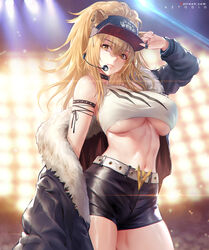  animal_ears arknights arm_up artist_name aztodio bare_shoulders baseball_cap belt black_choker black_jacket black_shorts blonde_hair breasts brown_eyes choker collarbone commentary cowboy_shot ears_through_headwear english_commentary female fur-trimmed_jacket fur_trim groin hair_between_eyes hat headset highres jacket kingdom_of_victoria_logo large_breasts lion_ears long_hair long_sleeves looking_at_viewer navel off_shoulder open_clothes open_jacket patreon_username shirt short_shorts shorts siege_(arknights) sleeveless sleeveless_shirt solo standing stomach underboob web_address white_belt 