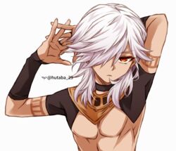  1boy bad_id bad_twitter_id black_choker black_gloves bridal_gauntlets choker cyno_(genshin_impact) dark-skinned_male dark_skin genshin_impact gloves hair_over_one_eye hutaba_29 long_hair male_focus no_nipples orange_eyes short_sleeves simple_background solo white_background white_hair 