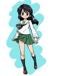  alternate_costume black_eyes black_hair black_neckerchief black_socks blouse brown_footwear closed_mouth commentary female girls_und_panzer green_skirt kubota_rin loafers long_hair long_sleeves looking_at_viewer low-tied_long_hair miniskirt neckerchief ooarai_school_uniform pleated_skirt sailor_collar school_uniform serafuku shirt shoes skirt smile socks solo standing standing_on_one_leg takahashi_kurage white_sailor_collar white_shirt wind 