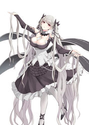  absurdly_long_hair azur_lane bare_shoulders between_breasts black_dress black_footwear blush breasts cleavage commentary_request dress earrings female flight_deck formidable_(azur_lane) frilled_dress frills fuu_(fuore) grey_hair hair_ribbon high_heels highres holding holding_own_hair jewelry large_breasts long_hair long_sleeves looking_at_viewer pantyhose partial_commentary red_eyes ribbon rigging simple_background solo twintails two-tone_dress two-tone_ribbon very_long_hair white_pantyhose 