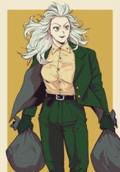  absurdres belt blazer breasts brown_shirt buckle buttons collared_shirt dorohedoro dress_shirt earrings female florbetriz formal gloves green_jacket high-waist_pants highres jacket jewelry large_breasts long_hair looking_to_the_side messy_hair noi_(dorohedoro) open_mouth pants red_eyes shirt simple_background smile star_(symbol) suit trash_bag walking white_background white_hair yellow_background 