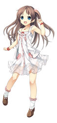  ayakashi_kyoushuutan blue_eyes bracelet brown_footwear brown_hair cura dress female flat_chest full_body hand_up heart highres jewelry long_hair monobeno official_art open_mouth parted_bangs sawai_natsuha see-through simple_background smile socks solo standing two_side_up white_background white_dress white_socks wristband 