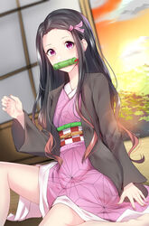  absurdres bit_gag black_hair brown_hair checkered_sash commentary_request female gag gagged gradient_hair hair_ribbon highres indoors japanese_clothes kamado_nezuko kimetsu_no_yaiba kimono long_hair long_sleeves looking_at_viewer multicolored_hair nail_polish obi okamired pink_eyes pink_kimono pink_ribbon print_kimono red_nails ribbon sash shiny_skin sitting solo very_long_hair 