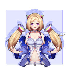  absurdres aki_rosenthal aki_rosenthal_(sleepwear) bare_shoulders blonde_hair blue_jacket bob_cut breasts cleavage detached_hair female hair_ornament headgear highres hololive jacket long_hair looking_at_viewer low_twintails navel official_alternate_costume open_mouth parted_bangs purple_eyes short_hair solo twintails virtual_youtuber z-jun.dd-zhong 