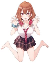  bad_anatomy bare_legs barefoot breasts brown_hair brown_skirt claw_pose cleavage collarbone collared_shirt commentary_request female hands_up headphones headphones_around_neck kohinata_iroha_(imouuzai) large_breasts long_hair looking_at_viewer miniskirt necktie plaid plaid_skirt pleated_skirt red_eyes red_necktie school_uniform scrunchie shirt shirt_tucked_in short_sleeves simple_background sitting skirt solo striped striped_necktie tomari_(veryberry00) tomodachi_no_imouto_ga_ore_ni_dake_uzai tongue tongue_out v-shaped_eyebrows wariza white_background white_shirt wrist_scrunchie 