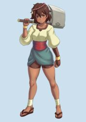  ajna_(indivisible) ankle_wrap axe beads bike_shorts bracelet brown_eyes brown_hair dark_skin finalcake gloves highres indivisible jewelry sandals short_sleeves shorts single_glove solo 