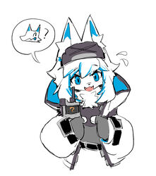  accessory anthro blue_eyes blush canid canine canis clothed clothing cute_fangs digital_media_(artwork) electronics female female_anthro fully_clothed gesture gloves hair hand_gesture handwear headband hi_res kemono long_hair looking_at_viewer mammal neck_tuft open_mouth open_smile pointing pointing_at_self question_mark radio shiiorina simple_background smile solo tuft white_background white_hair wolf 