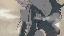  baseball_cap commentary_request eyelashes female from_side grey_eyes hat hilda_(pokemon) ittumozzz long_hair looking_up outdoors pokemon pokemon_bw rain sidelocks solo steam upper_body water_drop wet 