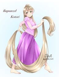  absurdly_long_hair barefoot blue_background character_name cosplay female full_body furrowed_brow highres holding holding_own_hair long_hair love_live! love_live!_school_idol_project minami_kotori rapunzel_(disney) rapunzel_(disney)_(cosplay) runi_(87025) signature solo tangled twitter_username very_long_hair 