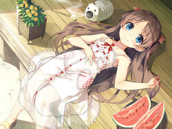  ayakashi_kyoushuutan bare_arms bare_shoulders blue_eyes blush brown_hair closed_mouth cura dress female flat_chest flower food fruit heart_pendant highres jewelry kayari_buta long_hair looking_at_viewer lying mimikaki monobeno necklace official_art on_back parted_bangs porch sandals sawai_natsuha see-through smile solo summer very_long_hair watermelon white_dress 