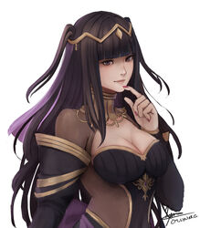  absurdres black_dress black_hair bodystocking breasts bridal_gauntlets bridal_veil bride cleavage cm_lynarc collar covered_navel dark_bride dress female fingernails fire_emblem fire_emblem_awakening fire_emblem_heroes grey_eyes highres large_breasts long_hair official_alternate_costume shaded_face signature simple_background skin_tight solo tharja_(bridal)_(fire_emblem) tharja_(fire_emblem) tiara upper_body veil wedding_dress white_background 