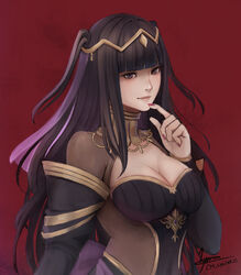  absurdres black_dress black_hair bodystocking breasts bridal_gauntlets bridal_veil bride cleavage cm_lynarc collar covered_navel dark_bride dress female fingernails fire_emblem fire_emblem_awakening fire_emblem_heroes grey_eyes highres large_breasts long_hair official_alternate_costume red_background shaded_face signature simple_background skin_tight solo tharja_(bridal)_(fire_emblem) tharja_(fire_emblem) tiara upper_body veil wedding_dress 