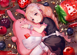  absurdres arm_up back_bow black_dress blueberry bow braid brown_eyes commentary_request dress female food fruit futaba_anzu greatpengh highres hugging_object idolmaster idolmaster_cinderella_girls light_brown_hair long_hair looking_at_viewer lying on_side parted_lips pillow pillow_hug pink_bow pink_ribbon puffy_short_sleeves puffy_sleeves rabbit-shaped_pillow ribbon short_sleeves solo strawberry thighhighs very_long_hair white_bow white_thighhighs wrist_cuffs 