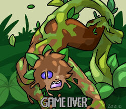  ambiguous_gender anthro brown_body changed_(video_game) elemental_creature flora_fauna forest forest_background goo_string goo_transformation green_background green_body leapleaf low_res minecraft_dungeons nature nature_background plant plant_transformation puppetmaster13uwu roots simple_background slime slime_string solo transformation tree unusual_eyes 