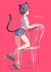  absurdres animal_ears artist_name bell black_bow black_hair blue_shorts bow cat_ears cat_girl cat_tail chair commentary crop_top cropped_shirt denim denim_shorts earrings facing_away feet female from_behind full_body goshichi_shoji hair_ornament hairbow hairclip highres jewelry jingle_bell legs ookawa_ina original pink_background sandals shirt short_ponytail short_sleeves shorts sidelighting simple_background single_earring soles solo symbol-only_commentary tail tail_raised white_shirt 