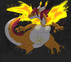  2021 2_horns 3_toes 4_fingers anthro belly big_belly big_breasts black_background black_claws bottom_heavy breasts charu claws curvy_figure dark dated digital_media_(artwork) dragon fan_character featureless_breasts feet female feral finger_claws fingers fire flaming_tail flaming_wings front_view full-length_portrait generation_8_pokemon gigantamax_charizard gigantamax_pokemon grin hair horn huge_breasts huge_thighs light lighting looking_at_viewer misha_(misha) multicolored_body multicolored_scales mythological_creature mythological_scalie mythology narrowed_eyes nintendo non-mammal_breasts orange_body orange_scales overweight overweight_female overweight_feral pink_eyes pink_hair pokemon pokemon_(species) portrait reptile scales scalie semi-anthro shaded signature simple_background smile smiling_at_viewer solo spread_legs spreading tail thick_thighs toe_claws toes white_body white_scales wide_hips wings yellow_body yellow_scales yellow_sclera 