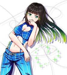  cleavage_cutout clothing_cutout cosplay cowboy_shot english_commentary female green_eyes hair_ornament hairpin hand_on_own_face heart heart_cutout highres jojo_no_kimyou_na_bouken kujo_jolyne kujo_jolyne_(cosplay) kurosawa_dia linatai love_live! love_live!_sunshine!! mole mole_under_mouth multicolored_hair pants spider_web_print stone_ocean streaked_hair twitter_username two-tone_hair 