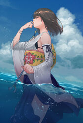  air_bubble black_bra blue_skirt blue_sky bra bracelet breasts brown_hair bubble closed_eyes cloud cloudy_sky commentary_request cowboy_shot day detached_sleeves female final_fantasy final_fantasy_x finger_to_mouth from_side glint hair_ornament highres japanese_clothes jewelry kalua medium_breasts obi ocean outdoors partially_underwater_shot profile ring sash short_hair skirt sky solo tassel underwear wading water wet whistling wide_sleeves yuna_(ff10) 