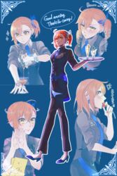  ahoge bad_id bad_pixiv_id black_jacket black_pants blue_background blue_footwear blue_necktie blush butterfly_hair_ornament closed_mouth cocktail_glass collared_shirt cosplay cup drinking_glass earrings english_text fate/grand_order fate_(series) female fujimaru_ritsuka_(female) grey_shirt hair_between_eyes hair_ornament high_heels highres jacket james_moriarty_(archer)_(fate) james_moriarty_(archer)_(fate)_(cosplay) james_moriarty_(gray_collar)_(fate) james_moriarty_(gray_collar)_(fate)_(cosplay) jewelry long_sleeves multiple_views necktie orange_hair pants pumps redrabbit44 romaji_text shirt short_hair side_ponytail sleeves_rolled_up smile tray wing_collar yellow_eyes 