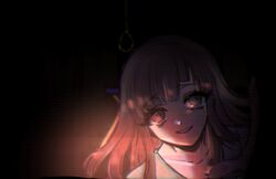  brown_eyes collarbone commentary_request danganronpa_(series) danganronpa_2:_goodbye_despair female gwanlamcha korean_commentary long_hair looking_at_viewer mole mole_under_eye rope smile solo spoilers teeth tsumiki_mikan 