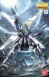  after_war_gundam_x bandai box_art character_name firing green_eyes gun gundam gundam_airmaster gundam_leopard gundam_x highres holding holding_gun holding_weapon logo mecha mobile_suit moon no_humans official_art open_hand robot science_fiction solo_focus v-fin weapon yamamoto_hiroyuki 