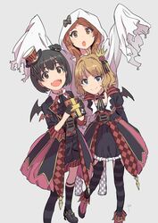  3girls absurdres ahoge bad_id bad_pixiv_id black_footwear black_hair black_legwear blue_eyes blush brown_eyes brown_hair commentary_request crown dress flower ghost_costume grey_background hair_bobbles hair_bun hair_flower hair_ornament halloween hat highres idolmaster idolmaster_million_live! idolmaster_million_live!_theater_days kneehighs long_hair looking_at_viewer multiple_girls nakatani_iku ogami_tamaki open_mouth short_hair shorts simple_background single_side_bun skirt smile socks striped_clothes striped_headwear suou_momoko thighhighs tint_me_(idolmaster) yoshito 