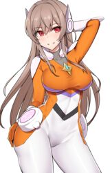  absurdres arm_behind_head arm_up bodysuit breasts brown_hair commentary covered_collarbone female furen_e_lustario hair_between_eyes hand_on_own_ass headgear highres kirikan_(cokekiri) long_hair looking_at_viewer medium_breasts nijisanji orange_bodysuit parted_lips pilot_suit red_eyes science_fiction shinkalion_(series) shinkansen_henkei_robo_shinkalion_z simple_background solo very_long_hair virtual_youtuber white_background white_bodysuit 