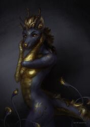  2021 absurd_res anthro asian_mythology black_background black_body black_fur black_sclera breasts digital_media_(artwork) dragon east_asian_mythology eastern_dragon etis featureless_breasts female fur gold_nose gold_scales hair hi_res looking_at_viewer metallic_hair mythological_creature mythological_scalie mythology nude pseudo_hair saterina scalie simple_background solo tail tentacle yellow_eyes 