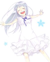  ano_hi_mita_hana_no_namae_wo_bokutachi_wa_mada_shiranai. bad_drawr_id bad_id closed_eyes dress female grey_hair happy honma_meiko kingfrogs long_hair oekaki open_mouth outstretched_arms simple_background smile solo spread_arms 