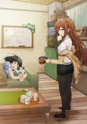  2girls ass black_hair bread bread_slice brown_hair cellphone coffee commentary_request cup drawer drooling feet flip_phone food food_in_mouth indoors kenshin_(kenshin3) long_hair looking_at_viewer looking_back makise_kurisu messy_hair mouth_hold mug multiple_girls pantyhose pantyhose_under_shorts phone purple_eyes refrigerator shiina_mayuri shorts sleeping steins;gate toast toast_in_mouth 