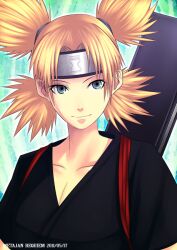  blonde_hair blue_eyes commentary_request female forehead_protector headband k-suwabe naruto naruto_(series) quad_tails solo sunagakure_symbol temari_(naruto) 