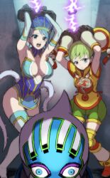  2girls bare_shoulders blue_eyes blue_hair blue_rose bondage bondage boots bound breasts cleavage commentary_request crystal_earrings cuffs detached_sleeves dragon_kid earrings elbow_gloves gloves green_eyes green_hair handcuffs huang_baoling jewelry karina_lyle large_breasts lipstick lunatic_(tiger_&amp;_bunny) makeup mask medium_breasts mimonel multiple_girls photoshop_(medium) short_hair shorts thigh_boots thighhighs tiger_&amp;_bunny 