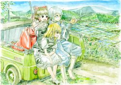  2girls blonde_hair bloomers boots bow brown_eyes brown_hair car commentary_request day farm gensokyo grey_hair hair_tubes hairbow hakurei_reimu hat kirisame_marisa kiseru landscape leaning_on_person looking_to_the_side master_(4th) morichika_rinnosuke motor_vehicle mountain multiple_girls nature outdoors painting_(medium) pickup_truck rice_paddy road rural sayonara_zetsubou_sensei short_hair sitting smoke smoking_pipe touhou traditional_media translated truck underwear watercolor_(medium) witch_hat yellow_eyes 