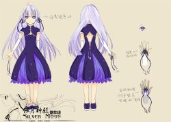  ahoge chinese_text dress female great_firewall hair_ribbon kaka_cheung long_hair multiple_views personification product_girl purple_eyes purple_hair reference_sheet ribbon the_green turnaround 