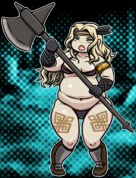  amazon_(dragon&#039;s_crown) armor bikini_armor blonde_hair boots circlet commentary_request dragon&#039;s_crown fat feathers female gloves green_eyes halberd long_hair oerba_yun_fang polearm solo tattoo tonda weapon 