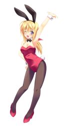  ;d animal_ears arm_up blonde_hair charlotte_dunois commentary_request female hitoguchi_(hioxhio) infinite_stratos leotard long_hair one_eye_closed open_mouth pantyhose photoshop_(medium) playboy_bunny purple_eyes rabbit_ears red_leotard smile solo wrist_cuffs 