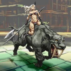  amazon_(dragon&#039;s_crown) armlet armor baariya bikini bikini_armor blonde_hair boots breasts commentary_request dragon&#039;s_crown feathers female halberd large_breasts long_hair muscular muscular_female panties polearm riding sabertooth_cat solo swimsuit tattoo thong thong_bikini underwear weapon 