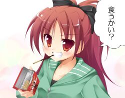  blush bow commentary_request female food hairbow long_hair mahou_shoujo_madoka_magica mahou_shoujo_madoka_magica_(anime) masaki_kei mouth_hold photoshop_(medium) pocky ponytail red_eyes red_hair sakura_kyoko solo translated 