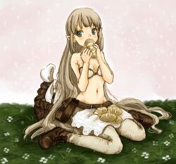  bad_id bad_pixiv_id blue_eyes blush bread brown_hair eating eno_(8-23) female food grass long_hair navel original pointy_ears sitting solo very_long_hair 