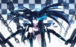  bad_id bad_pixiv_id bikini bikini_top_only black_hair black_rock_shooter black_rock_shooter_(character) black_rock_shooter_(game) black_shorts blue_eyes boots chains checkered coat female flaming_eye glowing glowing_eyes hao_(patinnko) highres long_hair midriff navel no_shirt photoshop_(medium) shorts solo stella_(black_rock_shooter) swimsuit sword twintails very_long_hair weapon 