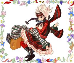  1boy amira black_hair blush boots braid brown_eyes commentary_request couple dress earrings female flower gackt-c hat highres hug husband_and_wife jewelry karluk long_hair otoyomegatari smile straight 