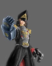  1boy absurdres armor blue_eyes breastplate brown_hair chinese_commentary commentary_request commissar dx8493489 gun hat highres male_focus peaked_cap power_fist purity_seal scar simple_background skull solo warhammer_40k weapon 