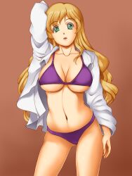  bikini blonde_hair breasts cleavage female female green_eyes highres kawanuma_uotsuri large_breasts long_hair navel open_clothes open_mouth open_shirt original shirt solo swimsuit 