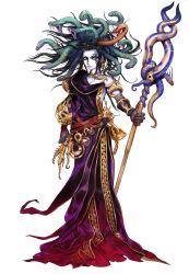  absurdres black_hair blue_eyes dress female full_body highres hirooka_masaki kid_icarus kid_icarus_uprising lips long_hair medusa_(kid_icarus) monster_girl official_art snake snake_hair solo staff tattoo transparent_background 