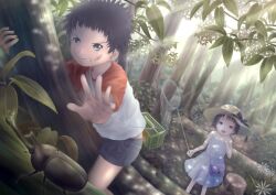  1boy bad_id bad_pixiv_id bag bandages beetle black_hair bug cage clenched_teeth dress female flower grey_eyes hand_net hat highres leaf open_mouth original outstretched_arm outstretched_hand photoshop_(medium) scenery short_hair shorts strap taka_(tsmix) tears teeth tree tree_stump 