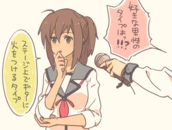  angel_beats! bad_id bad_pixiv_id brown_eyes brown_hair female hisako_(angel_beats!) long_hair microphone ponytail school_uniform serafuku shinda_sekai_sensen_uniform sleeves_rolled_up translated yaruse yui_(angel_beats!) 